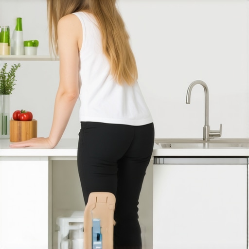 Ergonomic Kitchen Sink Stance A person demonstrating the staggered foot posture at a kitchen sink to relieve back pain.