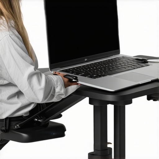 Ergonomic Laptop Setup for Neck Health A person using a Roost laptop stand and external keyboard to maintain a healthy neck posture at a desk.