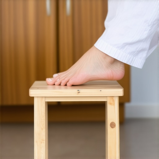 Ergonomic Staggered Stance at the Kitchen Sink A person using a small step stool to relieve lower back pain while standing at the kitchen sink.