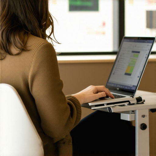 Portable ergonomic laptop setup in a coffee shop for neck pain relief