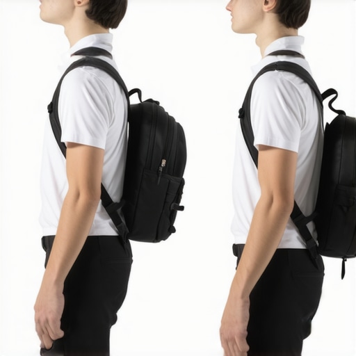 Anatomical diagram showing how backpack height affects spinal alignment and posture.