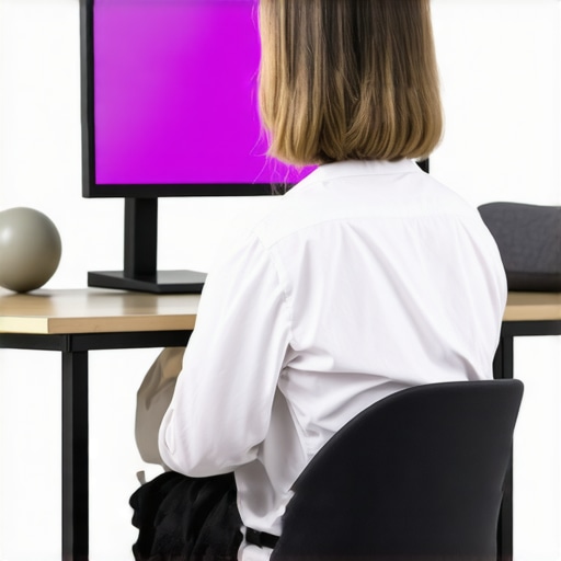 Person using ergonomic tools like a lumbar roll and monitor riser to maintain spinal health while working.