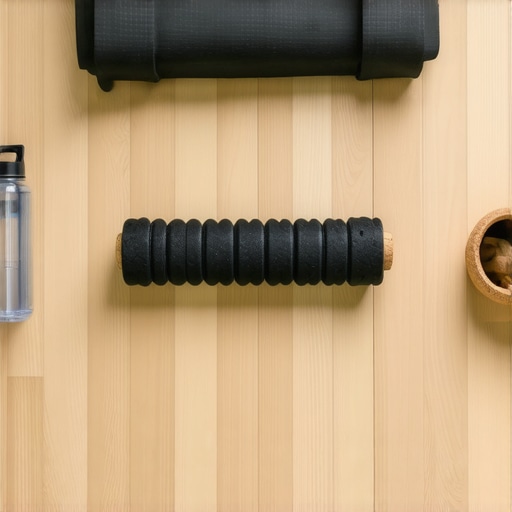 Collection of chiropractic maintenance tools like a massage ball and lumbar roll on a wooden floor.