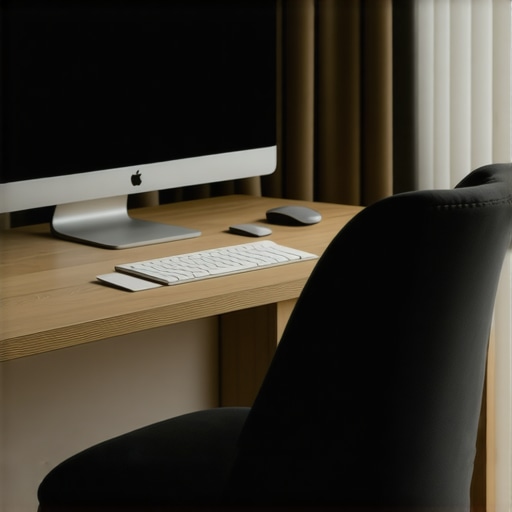 A minimalist home office setup focusing on ergonomic tools like a lumbar roll and proper monitor height.