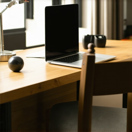 Essential tools for maintaining spinal health at home Ergonomic workspace setup with spine health tools like a monitor stand and lumbar support.