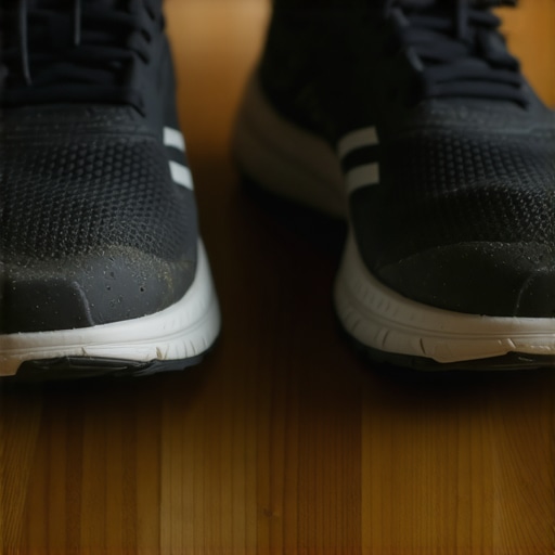 A pair of running shoes on a table showing uneven wear on the heels, illustrating how shoe structure affects spinal alignment.