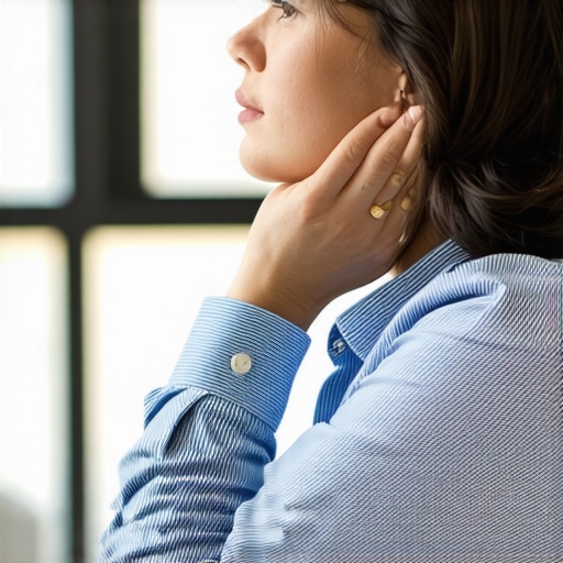 Gentle chin tuck exercise for neck pain and hand relief A person doing a chin tuck exercise at their desk to relieve pinched nerves causing hand pain