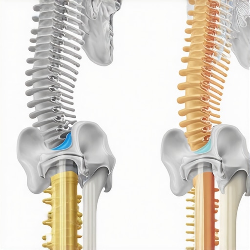 How pelvic tilt causes spinal compression Anatomical comparison of a compressed spine and an aligned spine showing height restoration.