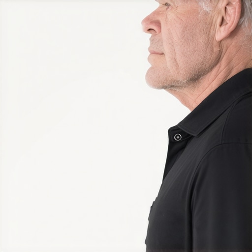 How to perform a proper chin tuck for neck relief Man performing a chin tuck exercise against a wall to relieve neck pain