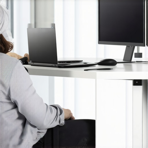 Ideal Ergonomic Laptop Setup for Back Health A person using a laptop stand and external keyboard to maintain a healthy spinal alignment while working.