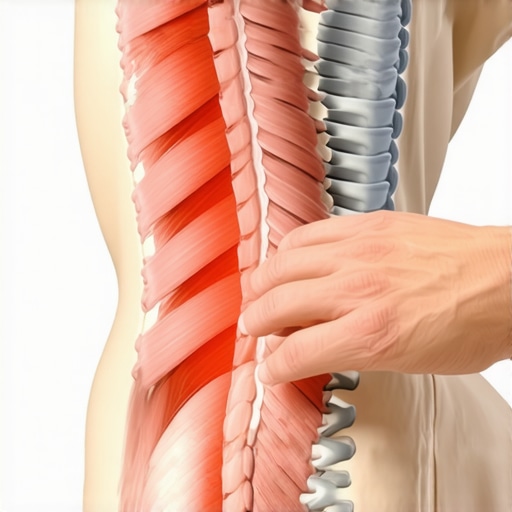 Locating the multifidus muscle for spinal stability A person using their hand to find the multifidus muscle on their lower back for core activation.