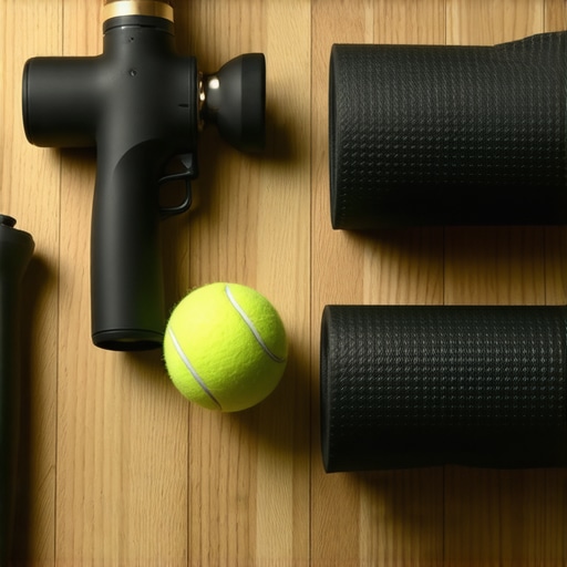 Minimalist Spinal Health Travel Kit A collection of recovery tools like a massage gun and tennis ball for back maintenance.