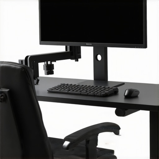 A workstation featuring a monitor arm and ergonomic keyboard to prevent neck pain.