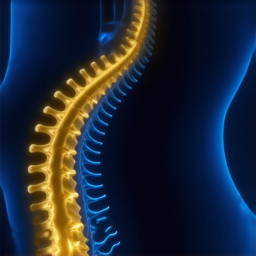 Neurological pathways between the neck and brain balance centers Close-up of cervical spine showing glowing nerves and muscle fibers representing proprioception