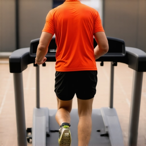 Optimal Running Form on a Treadmill A person demonstrating the correct upright head and neck position while exercising on a treadmill.