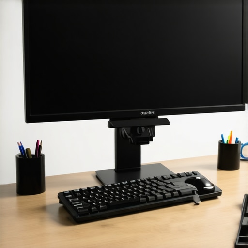 Optimized Ergonomic Workspace for Neck Health A modern ergonomic desk setup featuring a monitor at eye level and a vertical mouse to prevent neck pain.