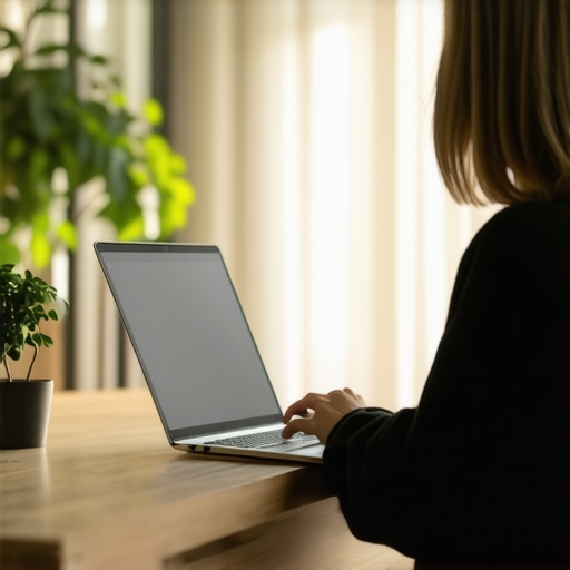 Optimized Ergonomic Workspace for Neck Health An ergonomic desk setup with an elevated laptop to prevent neck strain and shoulder blade pain.