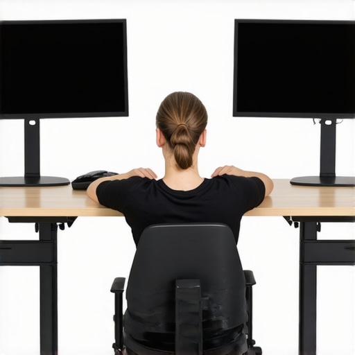 A person demonstrating a healthy ergonomic workstation setup with a neutral neck and adjustable monitor arms.