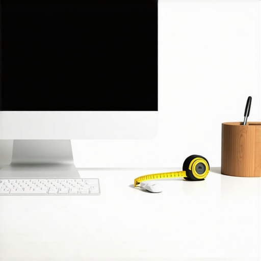Ergonomic office setup with monitor at eye level to prevent neck strain and dizziness.