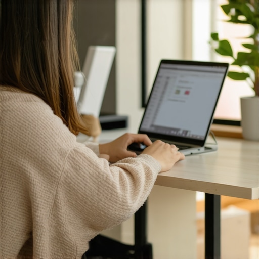 Optimizing Screen Height for Neck Relief Proper ergonomic desk setup with a laptop riser to prevent neck pain and maintain spinal alignment.