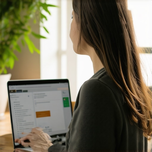 Optimizing screen brightness for spinal health A person sitting with good posture at a desk adjusting screen brightness to match the room lighting.