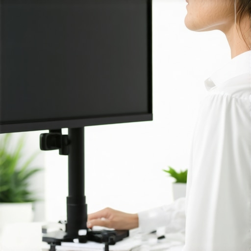 A person using a monitor stand to maintain correct posture and eye alignment.