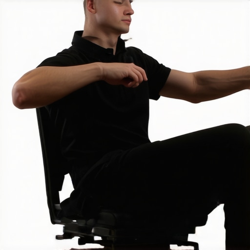 A person demonstrating the Bruegger position to relieve shoulder and neck pain at a desk.
