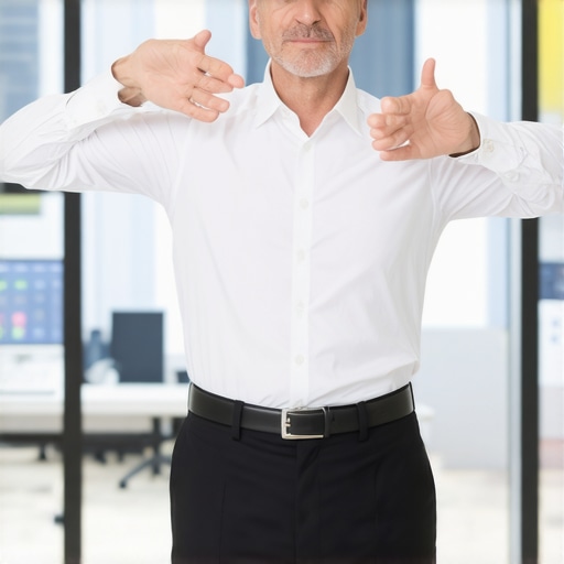 Performing the Bruegger's relief move for neck health A man demonstrating a postural reset exercise to alleviate neck crepitus and spinal tension in an office setting.