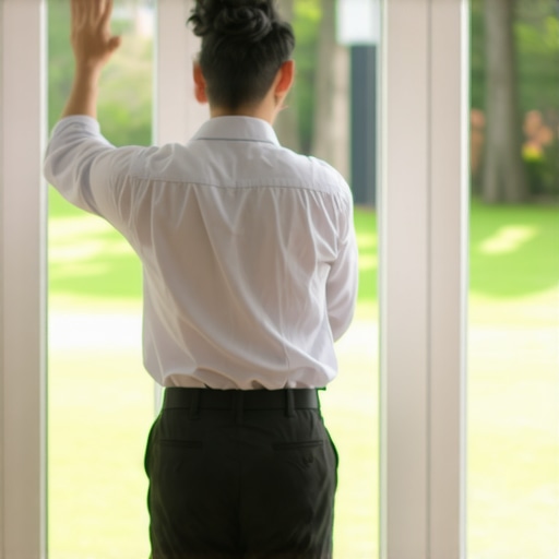 Practicing the 20-20-20 rule for spinal health A person looking out a window to reset their vision and neck posture during a work break.