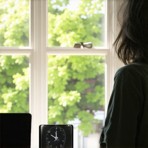 Practicing the 20-20-20 rule in a home office Person looking out a window during a work break to reduce eye and neck strain.