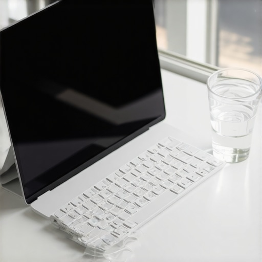 Professional Ergonomic Laptop Setup for Spine Health A laptop on a portable stand with an external keyboard to improve posture and reduce neck pain.
