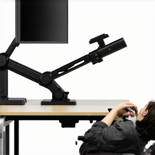 Professional Tools for Spinal Maintenance Close-up of a massage gun being used on glute muscles and an ergonomic monitor arm setup for back health.