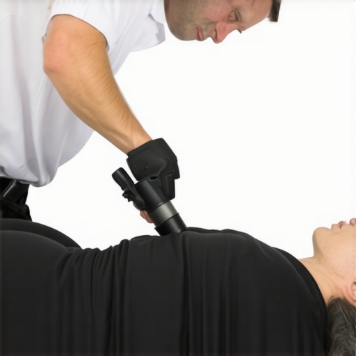 Professional percussive therapy technique for hip stability Close-up of a massage gun being used correctly on a patient's hip to relieve back tension.