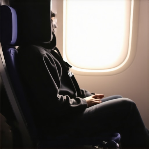 Proper Airplane Ergonomics Setup Passenger demonstrating lumbar support and a footrest for better posture on a flight.