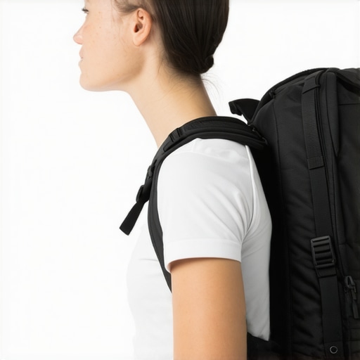 Proper Backpack Fit for Back Health Model showing the correct high and tight backpack position to prevent spinal strain.