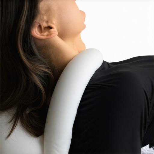 Close up of person using a cervical foam roll under their neck for spinal support