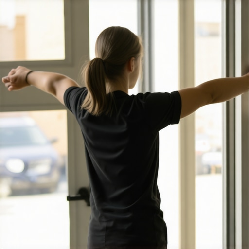 Man performing a chest stretch in a doorway to relieve rounded shoulders and back pain.