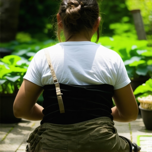 Proper Gardening Form for Spinal Health A gardener demonstrating the hip hinge and neutral spine technique to avoid back pain.