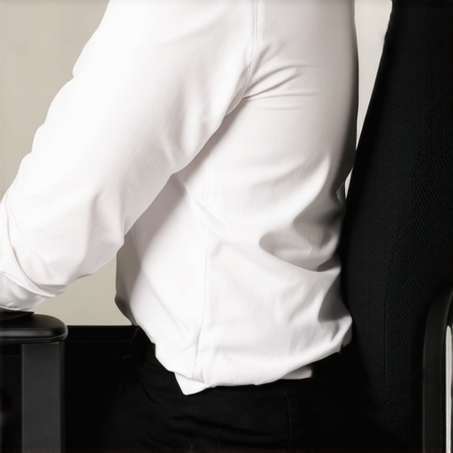 A person sitting in an office chair with a lumbar roll correctly supporting the lower back curve.