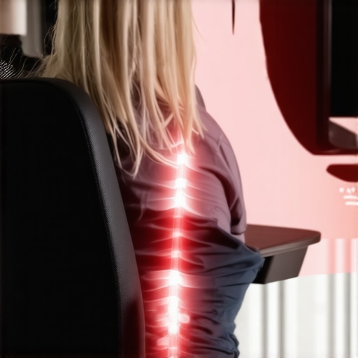 Person using a lumbar roll correctly in an office chair for spinal support.