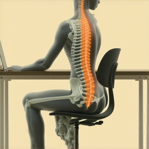 Proper Spinal Alignment vs. Rigid Posture Illustration comparing healthy spinal curves to forced rigid posture at a desk.