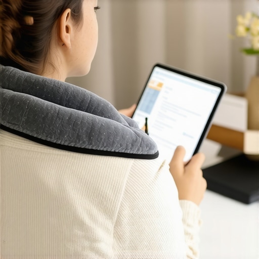 Relieving Neck Tension with Heat Person using a heating pad and tablet stand for neck comfort while reading.