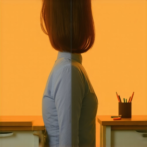 Rigid Posture vs Natural Alignment Side view of a person sitting at a desk illustrating the strain of forced upright posture on the upper back and neck
