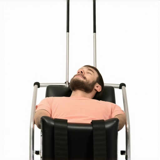 Safe Inversion Table Angle for Back Pain Relief A person demonstrating the correct 20-degree tilt on an inversion table to safely decompress the spine without causing muscle spasms.