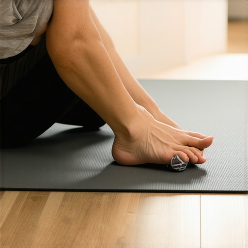 Using a lacrosse ball to roll out the foot arch to improve walking gait and spinal health.
