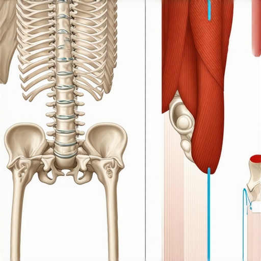 Illustration of spinal mechanics comparing muscle tension and stability in the lumbar region.