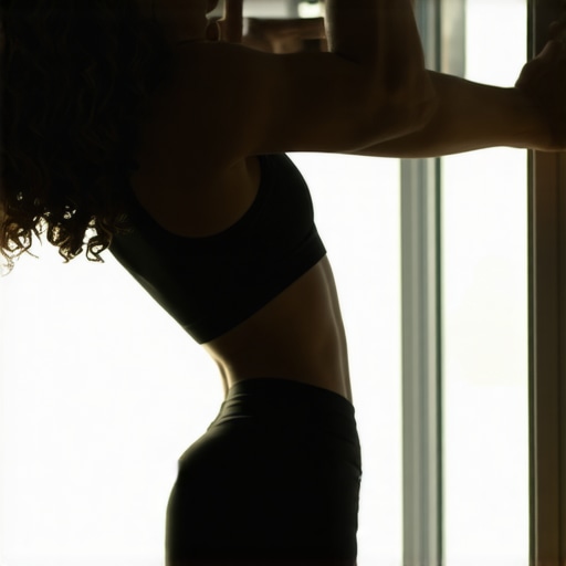 Standing Doorframe Lat Stretch for Lower Back Relief A person performing a deep lateral stretch in a doorway to relieve lower back and rib cage tension.