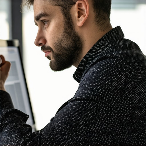 A man performing a discreet neck stretch at his desk to alleviate office-related tension.