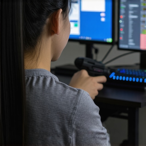 Targeted Muscle Recovery for Gamers A gamer using a massage gun on their neck and shoulder muscles at their desk.