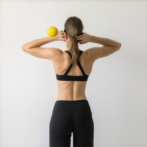 Man demonstrating how to use a tennis ball against a wall to relieve shoulder blade pain.